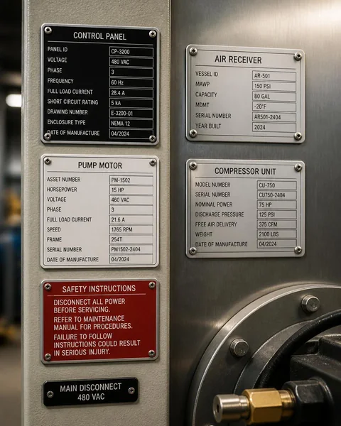 Engraved industrial equipment tags and nameplates mounted on machinery panels